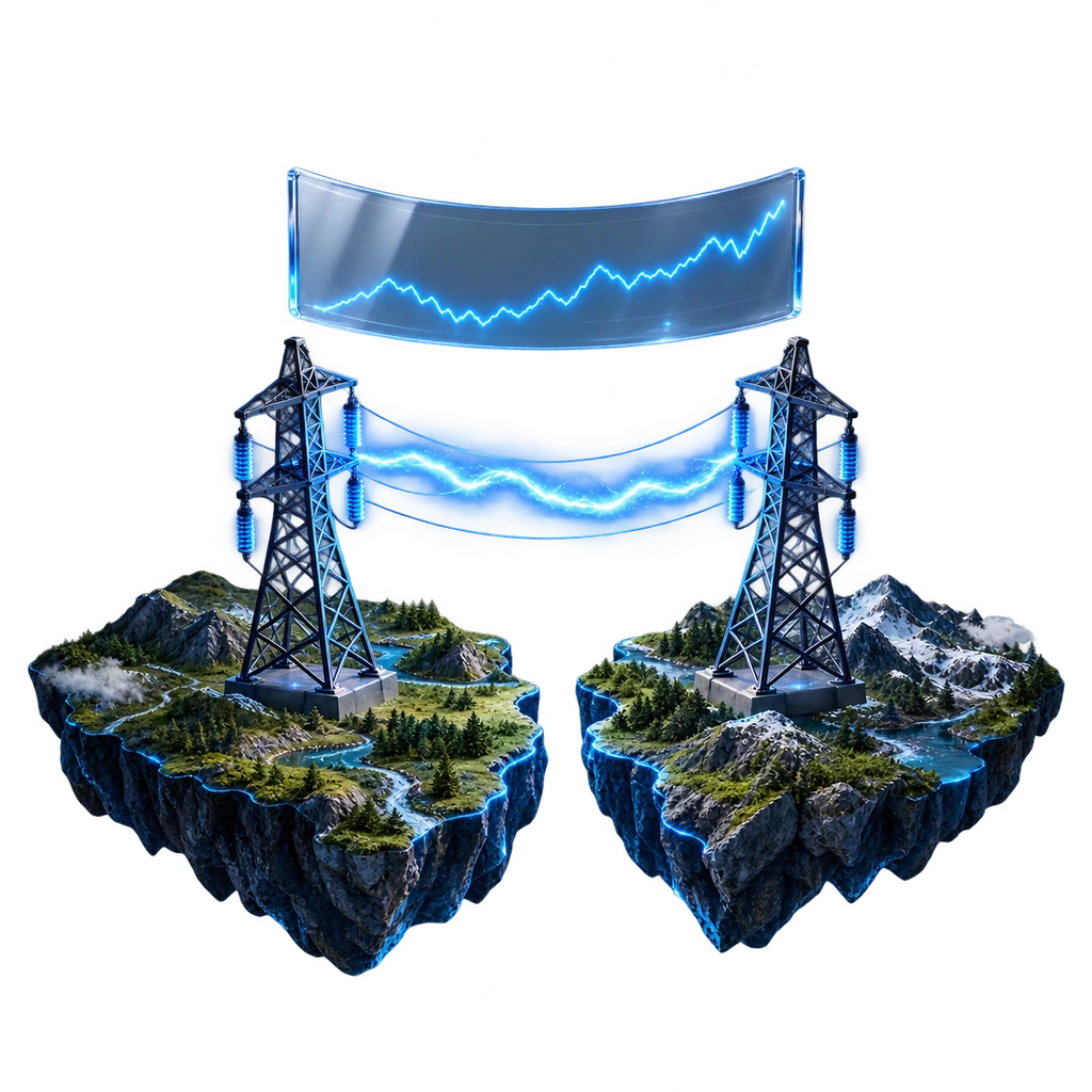 Stâlpi de înaltă tensiune în două țări, legați de un arc de energie, sub o curbă de preț, randare 3D